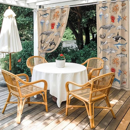 Vintage Outdoor Curtains for Patio Sharks Whales Lobsters Biographies Waterproof Outside Curtains with Grommet Top Weatherproof Curtain for Cabana Pergola Gazebo, 2 Pack, 54" W x 95" L