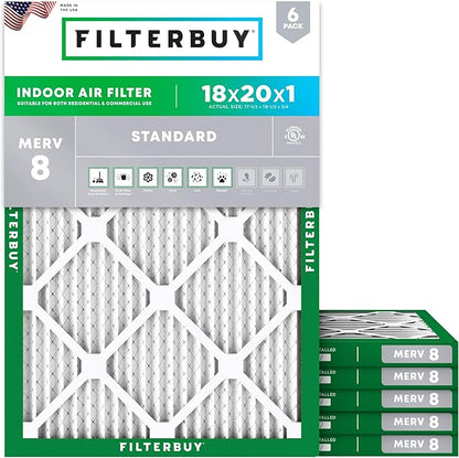 Filterbuy 18x20x1 Air Filter MERV 8 Essential Dust & Allergy Defense (6-Pack), Electrostatic Pleated HVAC AC Furnace Filters Replacement, Made in USA (Actual Size: 17.50 x 19.50 x 0.75)