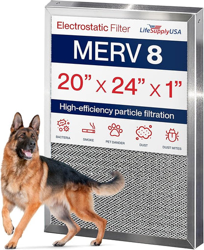 20x24x1 Electrostatic Air Filter, MERV 8, Washable, Reusable Furnace AC/HVAC Filter, Energy Saving, Easy to Clean, Long-Lasting by LifeSupplyUSA