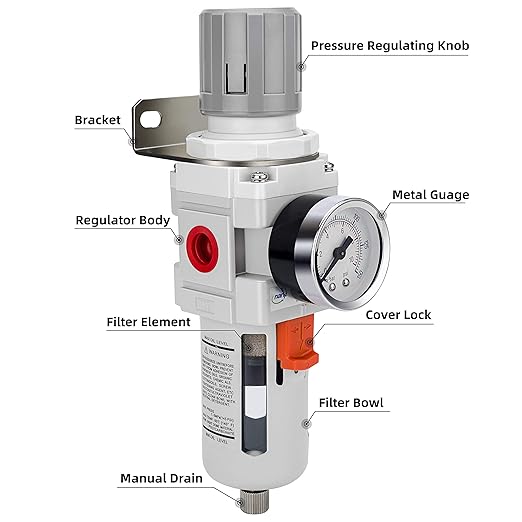 NANPU 3/8" NPT Compressed Air Filter Regulator Combo Piggyback, 5 Micron Brass Element, Poly Bowl, Semi-Auto Drain, Metal Bracket, 0-150 psi Gauge