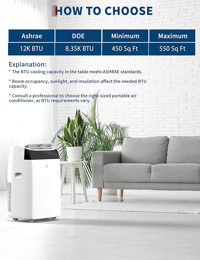 GarveeLife 12,000 BTU Portable Air Conditioners - Smart AC Units Cold Air System Quiet Cooling within 550 sq.ft with Remote Control 24H Timer/Dry/Fan Modes Drain-Free Window Installation Kits
