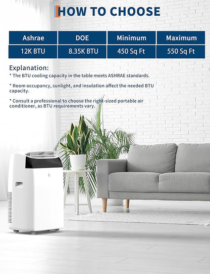 GarveeLife 12,000 BTU Portable Air Conditioners - Smart AC Units Cold Air System Quiet Cooling within 550 sq.ft with Remote Control 24H Timer/Dry/Fan Modes Drain-Free Window Installation Kits