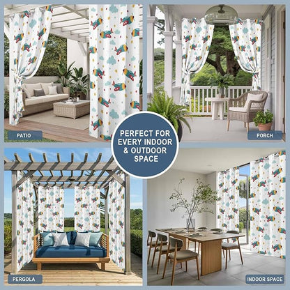 Turquoise Airplane Waterproof Outdoor Curtains for Patio, Windproof Weatherproof Curtains with Weighted Hem, Modern Art Cartoon Aircraft Clouds Light Filtering Privacy Drapes for Porch 54"x 84"