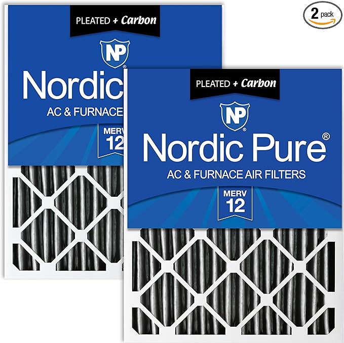 Nordic Pure 16x25x4 (Actual Size: 15 1/2 x 24 1/2 x 3 5/8) Pleated Air Filter MERV 12 Pleated + Carbon 2 Pack