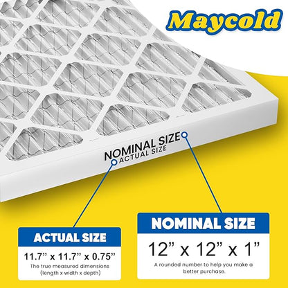 Maycold MERV 8 12x12x1 Furnace Air Filters (6-Pack), Pleated HVAC AC Filters – Actual Size 11.70” x 11.70” x 0.75”, For Residential or Office Use, Individually Wrapped in Plastic
