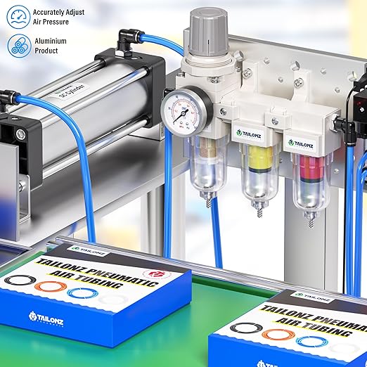 TAILONZ PNEUMATIC 0-150PSI 1/4 Inch NPT Grade 3 Stage Air Drying System, Particulate Filter, Air Filter Pressure Regulator Combo Piggyback, Air Tool Compressor Filter with Gauge (Semi-Auto Drainage）