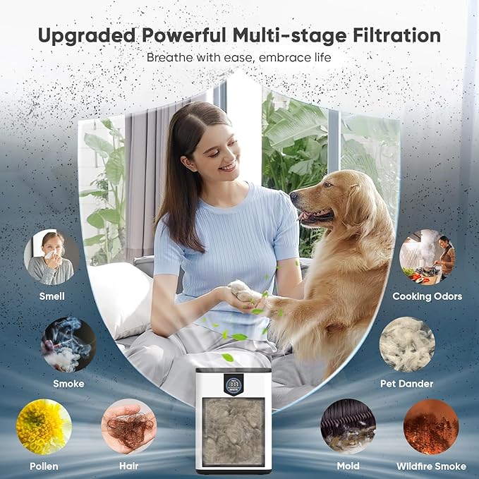 DAYETTE Air Purifier for Home Large Room Up to 3000 Ft² with 2xH14 HEPA Filters, Air Purifiers for Pets Bedroom with Washable PreFilters, 2 TIMES Purification Speed In Turbo Mode for Dust, Hair, Odor