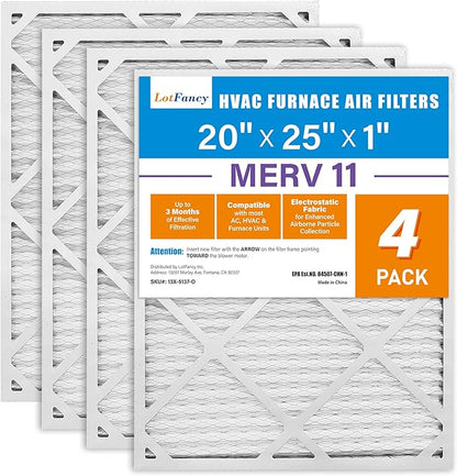 LotFancy 20x25x1 Air Filter MERV 11 4-Pack, Electrostatic Pleated AC Furnace Air Filter, Captures Dust, Smog & Pet Dander, Actual Size: 19.75"x23.75"x0.75"