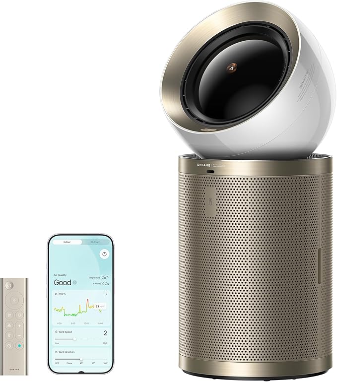 Dreame Smart Air Purifier PM10 for Home Large Room, Cleans 7,534 ft² in One Hour with 4 Filters, Dual-way Air Oulets, Al Tracking, Air Quality Monitor with 7 Sensors, 2-in-1 Purifier & Fan, Gold