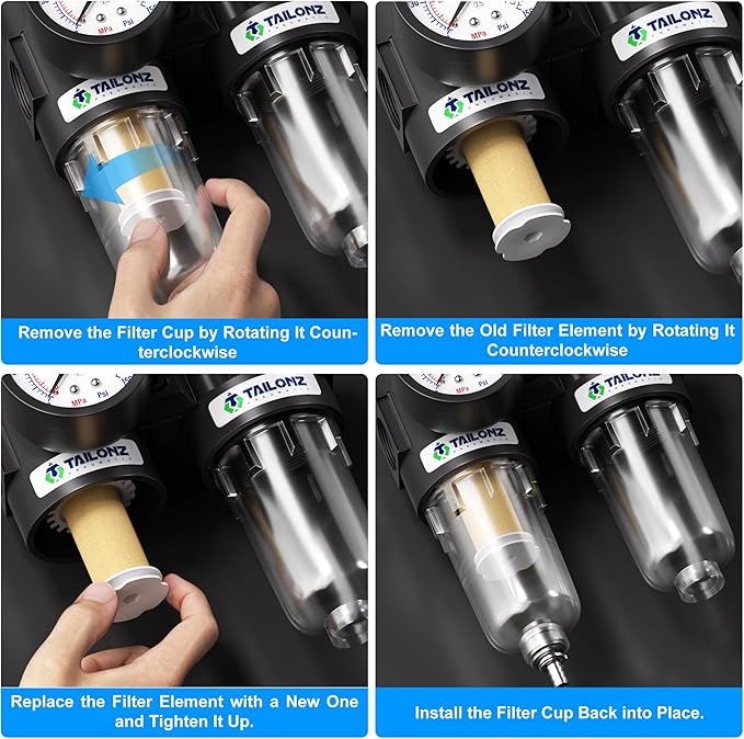 TAILONZ PNEUMATIC 1/4 Inch NPT AFC2000 Air Filter Pressure Regulator Kit（0-145 Psi）5 Micron Brass Element Air Tool Compressor Filter with Gauge and Lubricator Cup