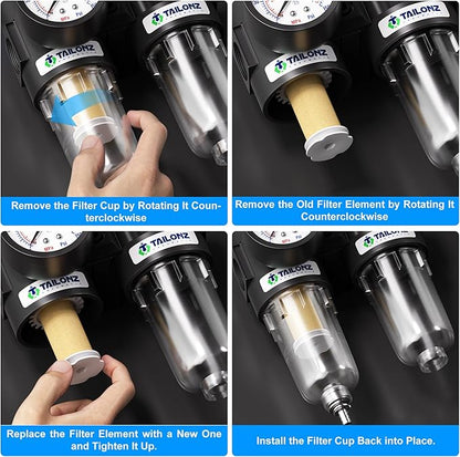 TAILONZ PNEUMATIC 1/4 Inch NPT AFC2000 Air Filter Pressure Regulator Kit（0-145 Psi）5 Micron Brass Element Air Tool Compressor Filter with Gauge and Lubricator Cup