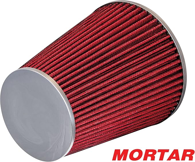 Mortar Aftermarket Auto Air Filter – 6 In Flange ID Car Enthusiast Class Universal Cold Air Intake Gulps in More Air for More Engine Power & Passionate Induction Sound, Length 8 In, Red