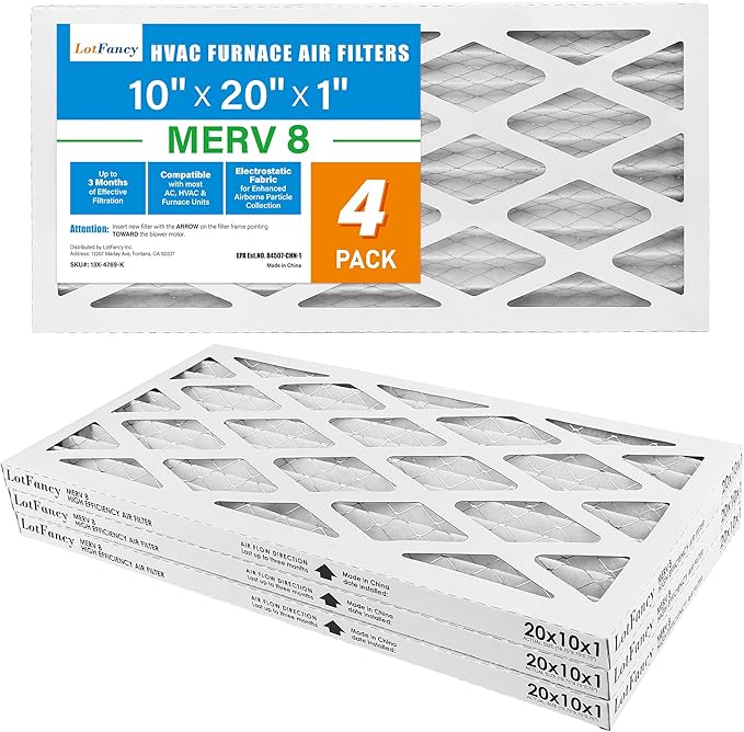 LotFancy 10x20x1 Air Filter MERV 8 4-Pack, Electrostatic Pleated Furnace & AC Filter, Captures Dust, Pet Hair, Pollen, Actual Size: 9.75"x19.75"x0.75"