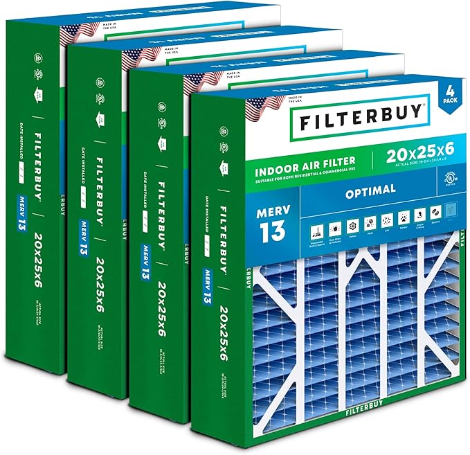 Filterbuy 20x25x6 Air Filter MERV 13 Optimal Smoke & Allergy Defense (4-Pack), Pleated HVAC AC Furnace Filters for AprilAire Space-Gard 201, 2200, 2250, & Lennox (Actual Size: 19.75 x 24.25 x 6.00)
