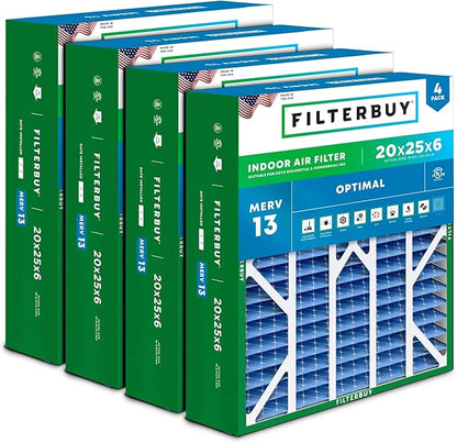 Filterbuy 20x25x6 Air Filter MERV 13 Optimal Smoke & Allergy Defense (4-Pack), Pleated HVAC AC Furnace Filters for AprilAire Space-Gard 201, 2200, 2250, & Lennox (Actual Size: 19.75 x 24.25 x 6.00)