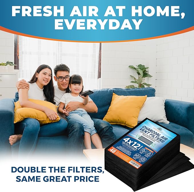 Activated Carbon Air Vent Filters for Home - 4" x 12" Dust Control - Air Filter Freshener for Home Vents to Purify Indoor Air and Homes - Register Filters for Floor Vents (48-Pack)