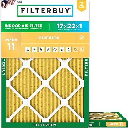 Filterbuy 17x22x1 Air Filter MERV 11 Superior Pet & Allergy Defense (2-Pack), Electrostatic Pleated HVAC AC Furnace Filters Replacement, Made in USA (Actual Size: 16.50 x 21.50 x 0.75)