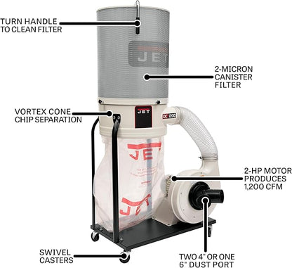 JET Vortex Cone Dust Collector, 2-Micron Canister Filter, 2 HP, 230V 1Ph (DC-1200VX-CK1)