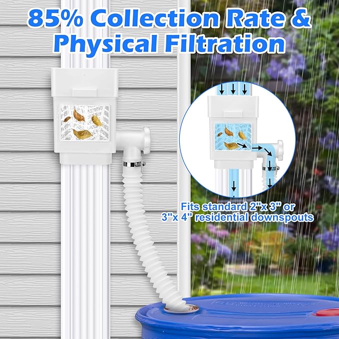 WADEO Rainwater Collection System, Rain Barrel Diverter Kit Fits for 2"x 3" or 3"x 4" Residential Downspouts, Downspout Diverter with Adjustable Valve and Filter, 5FT Hose, White