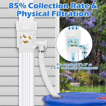 WADEO Rainwater Collection System, Rain Barrel Diverter Kit Fits for 2"x 3" or 3"x 4" Residential Downspouts, Downspout Diverter with Adjustable Valve and Filter, 5FT Hose, White