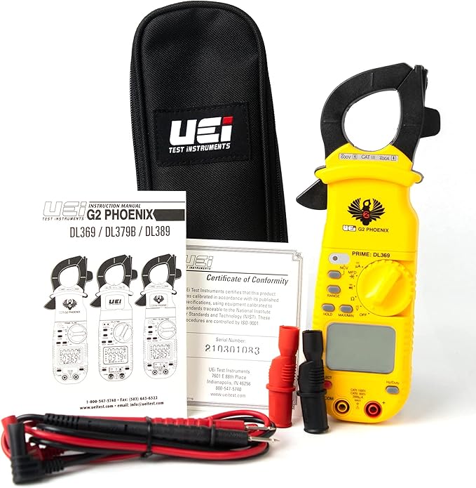 UEi DL369 Digital Clamp Meter HVAC Auto-Ranging 4000 Counts Volt Meter AC Amp Meter Measures AC Current AC/DC Voltage & Microamps Capacitance Resistance Diodes NCV Continuity Tester Live Wire Test