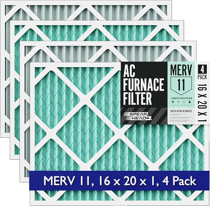 Spearhead [16x20x1, 4-PK] MERV 11+ EPA-Registered Odor Defense HVAC AC Furnace Filter w/Rigid Frame, Clog-Free Design, Verified Efficiency & Quiet Filtration