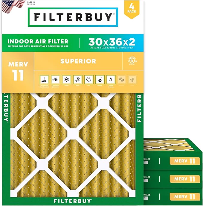Filterbuy 30x36x2 Air Filter MERV 11 Superior Pet & Allergy Defense (4-Pack), Electrostatic Pleated HVAC AC Furnace Filters Replacement, Made in USA (Actual Size: 29.81 x 35.81 x 1.75)