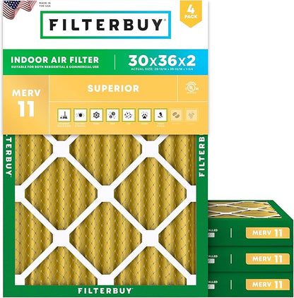 Filterbuy 30x36x2 Air Filter MERV 11 Superior Pet & Allergy Defense (4-Pack), Electrostatic Pleated HVAC AC Furnace Filters Replacement, Made in USA (Actual Size: 29.81 x 35.81 x 1.75)