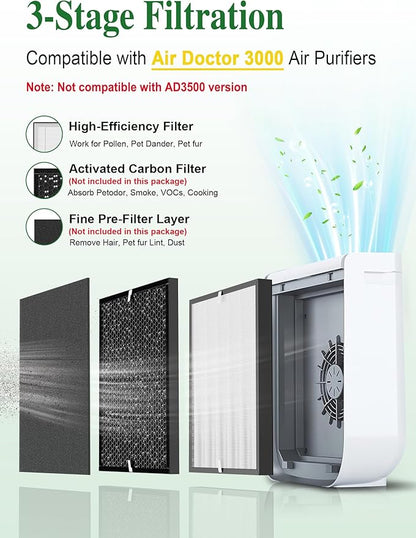 3000 Replacement Filter Compatible with Air Doctor 3000 Series 4-in-1 Home Air Purifier 3000 3000M 3000E and 3000Pro, NOT Fit for 3500, 2 Main Filter