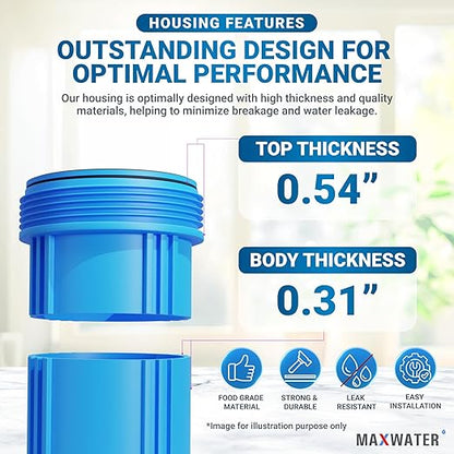 Max Water 20x4.5 Whole House Water Filter Housing, Heavy Duty Big Filter Blue Housing w/Pressure Release, Wrench and Bracket, 1" NPT, 20 Inch, Pack of 2