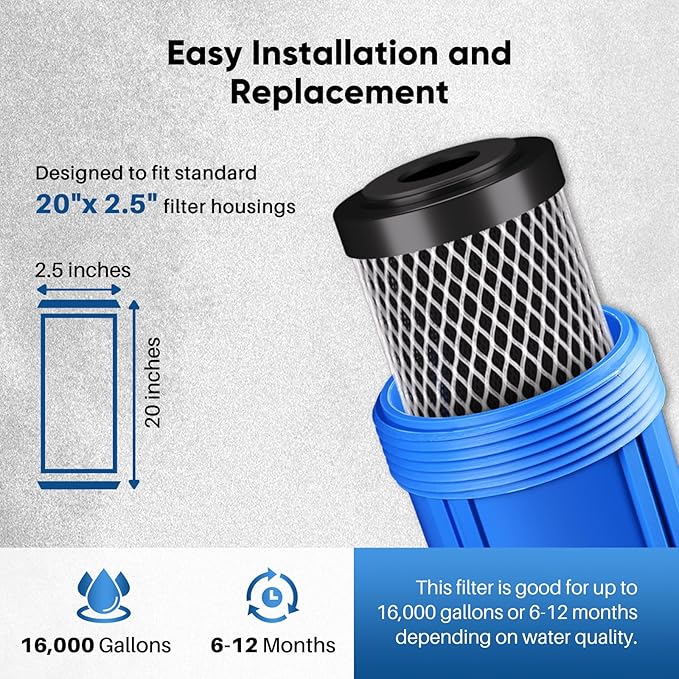 PUREPLUS 5 Micron 20" x 2.5" Whole House CTO Carbon Sediment Water Filter Cartridge Compatible with C1-20, EP-20, HX-CB-25-2010, F3WCB32, Pack of 2