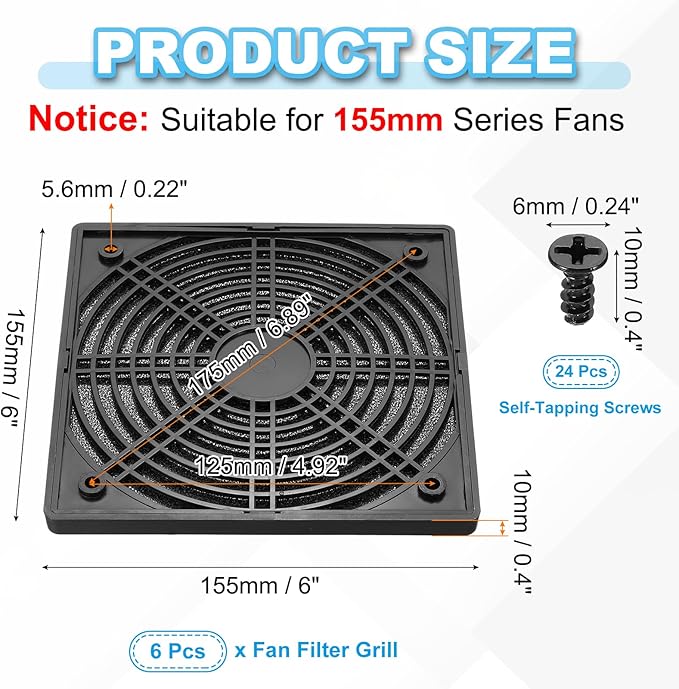 PATIKIL 150mm Fan Filter Grill, 6 Pcs Plastic Ventilation Dustproof Grill Cover Cooling Ventilator with Screws for Industry Workshop Computer Case Refrigerators Air Conditioning, Black