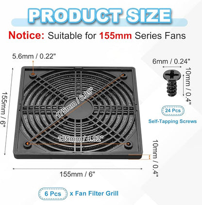 PATIKIL 150mm Fan Filter Grill, 6 Pcs Plastic Ventilation Dustproof Grill Cover Cooling Ventilator with Screws for Industry Workshop Computer Case Refrigerators Air Conditioning, Black
