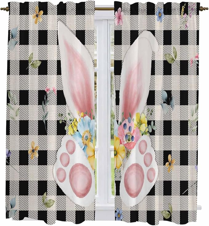 Easter Window Curtains 63 Inch Long 2 Panel Set, Rod Pocket Bedroom Curtains & Drapes, Spring Rabbits Ears Feet Wildflowers Black Plaid Light Filtering Window Treatment for Living Room 42"W x 63"L