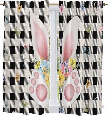 Easter Window Curtains 63 Inch Long 2 Panel Set, Rod Pocket Bedroom Curtains & Drapes, Spring Rabbits Ears Feet Wildflowers Black Plaid Light Filtering Window Treatment for Living Room 42"W x 63"L