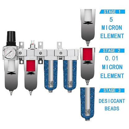 NANPU 1/2" NPT Industrial Grade 4 Stage Air Drying System - Particulate Filter, Coalescing Filter, Double Desiccant Dryers & Air Regulator, Metal Bowl, Auto Drain, for Paint Spray＆ Plasma Cutter