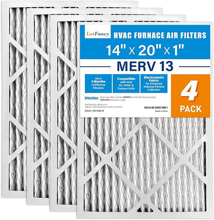 LotFancy 14x20x1 Air Filter MERV 13 4-Pack, Electrostatic Pleated HVAC Furnace Air Filter, Captures Pet Dander Smog Smoke, Actual Size: 13.75"x19.75"x0.75"