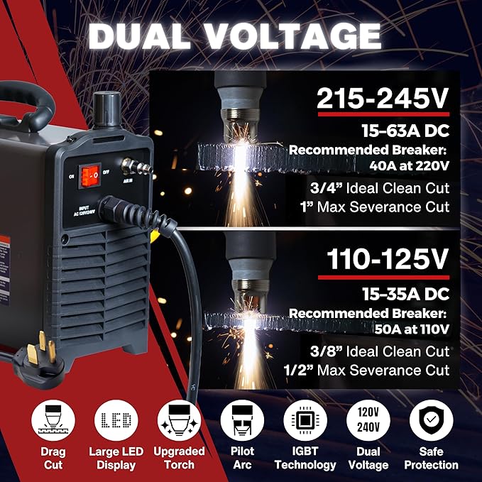 LTP6300D | 63A Non-Touch Pilot Arc Plasma Cutter, Drag-Cut Enabled, Non-HF Blowback Start, 3/4" Clean (1" Sever), Dual-Voltage 110/220V, LED Controls, Portable Air Plasma Cutter