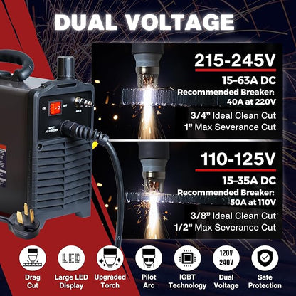 LTP6300D | 63A Non-Touch Pilot Arc Plasma Cutter, Drag-Cut Enabled, Non-HF Blowback Start, 3/4" Clean (1" Sever), Dual-Voltage 110/220V, LED Controls, Portable Air Plasma Cutter