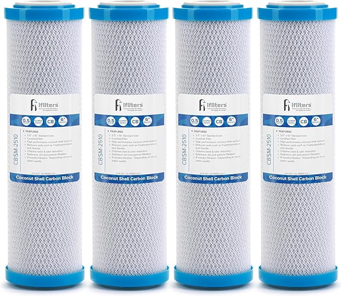 iFilters 0.5-Micron Carbon Block Water Filter – Coconut Shell CTO Drinking Water Filter Cartridge – 10-inch Replacement for Filtration Systems – Reduces Odors, Chlorine Taste – 2.5" x 10" (4 Pack)
