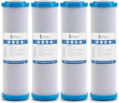 iFilters 0.5-Micron Carbon Block Water Filter – Coconut Shell CTO Drinking Water Filter Cartridge – 10-inch Replacement for Filtration Systems – Reduces Odors, Chlorine Taste – 2.5" x 10" (4 Pack)