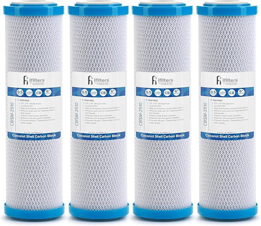 iFilters 0.5-Micron Carbon Block Water Filter – Coconut Shell CTO Drinking Water Filter Cartridge – 10-inch Replacement for Filtration Systems – Reduces Odors, Chlorine Taste – 2.5" x 10" (4 Pack)