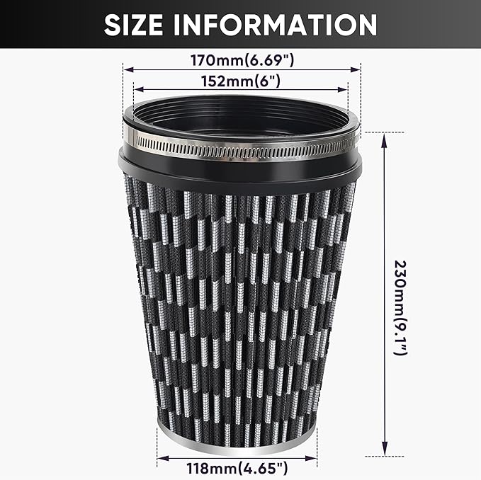 6" 152mm Cold Air Intake Filter Clamp-On Replacement High Flow Inlet Air Filter High Performance Washable Cone Filter 9" Tall Carbon Fiber Pattern