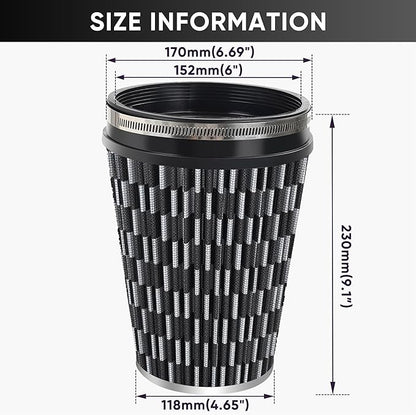 6" 152mm Cold Air Intake Filter Clamp-On Replacement High Flow Inlet Air Filter High Performance Washable Cone Filter 9" Tall Carbon Fiber Pattern