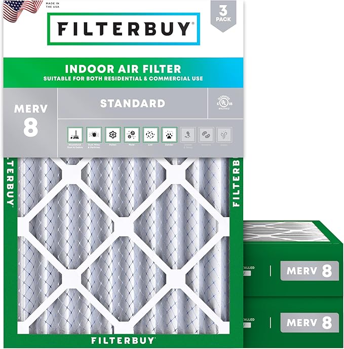 Filterbuy 14x20x4 Air Filter MERV 8 Essential Dust & Allergy Defense (3-Pack), Electrostatic Pleated HVAC AC Furnace Filters Replacement, Made in USA (Actual Size: 13.50 x 19.50 x 3.63)