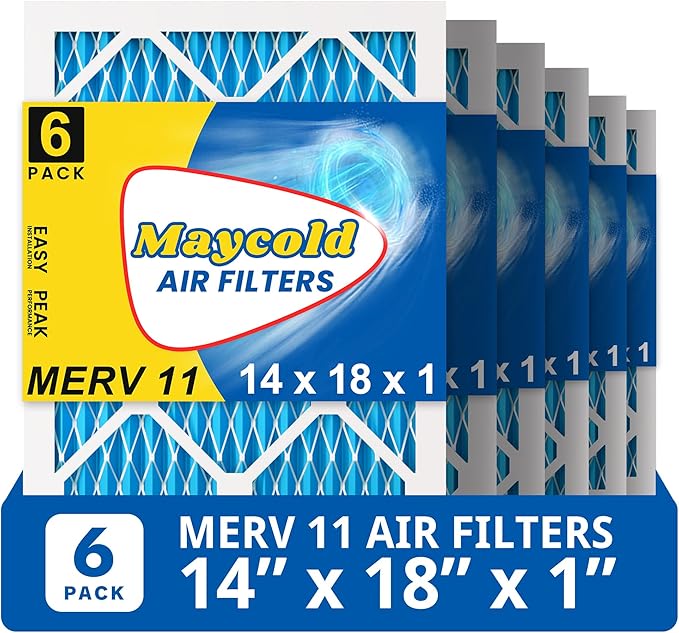 Maycold 14x18x1 MERV 11 Furnace Air Filter (6-Pack), High-Performance HVAC AC Filters for Home Use, Actual Size: 13.70" x 17.70" x 0.75", Individually Wrapped in Plastic