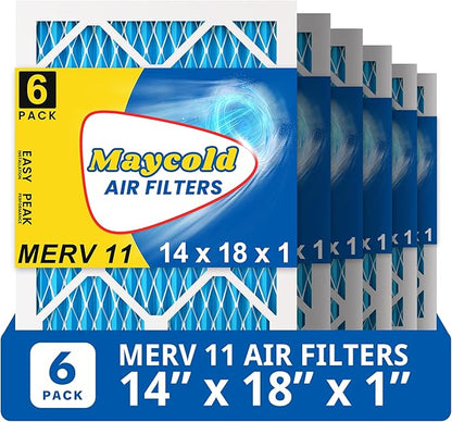 Maycold 14x18x1 MERV 11 Furnace Air Filter (6-Pack), High-Performance HVAC AC Filters for Home Use, Actual Size: 13.70" x 17.70" x 0.75", Individually Wrapped in Plastic