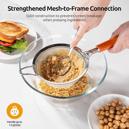 U-Taste Medium Fine Mesh Strainer: 18/8 Stainless Steel 4.73in 30 Mesh Kitchen Food Sieve with Sturdy Riveted Silicone Handle, Heavy Duty Deep Handheld Metal Colander for Rice, Quinoa, Flour (Orange)