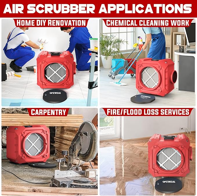 Commercial Air Scrubber, Negative Air Machine with 550 CFM, Stackable Heavy Duty Air Cleaner with MERV-10/ HEPA/Activated Carbon Filter for Home, Cnstruction Sites, Red