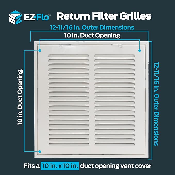 EZ-FLO 10 x 10 Inch (Duct Opening) Return Air Vent Cover for Wall or Ceiling, Solid Steel Return Air Filter Grille, HVAC Vent Cover, White, 61657